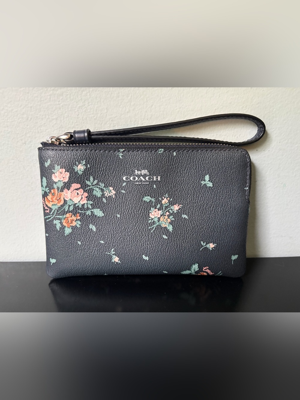 COACH Rose Bouquet Blue Floral Corner Zip Wristlet/ Wallet/ Pouch/ Strap/ Silver